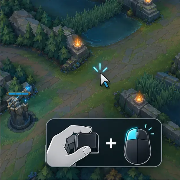 Um cursor em um mapa de rotas de fantasia ao lado de uma mão segurando uma tecla do teclado e um símbolo de clique esquerdo do mouse.