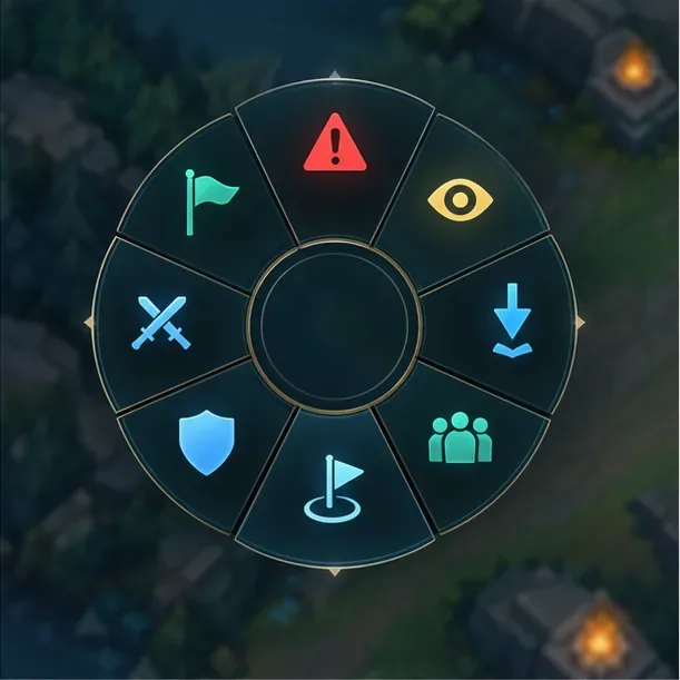 Um menu radial de oito seções com ícones de alerta distintos dispostos em torno de um centro escuro.