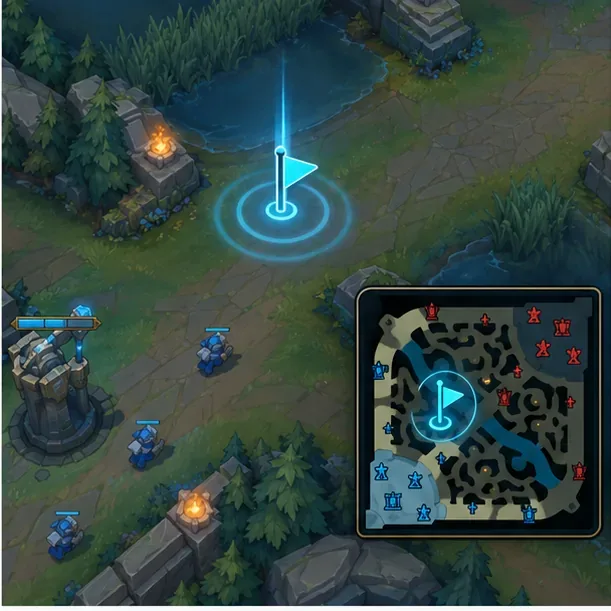 Um marcador azul em uma rota de jogo de fantasia e a mesma localização marcada em um pequeno minimapa.