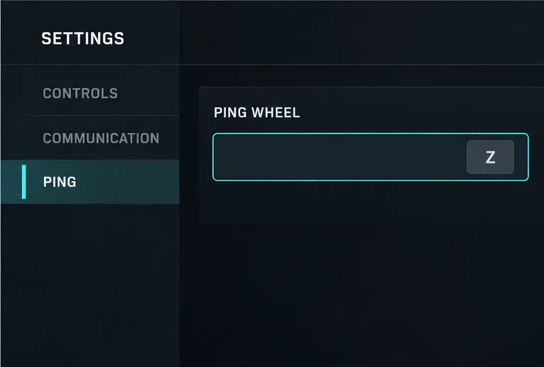 A dark settings interface showing Controls, Communication, and the Ping Wheel key set to Z