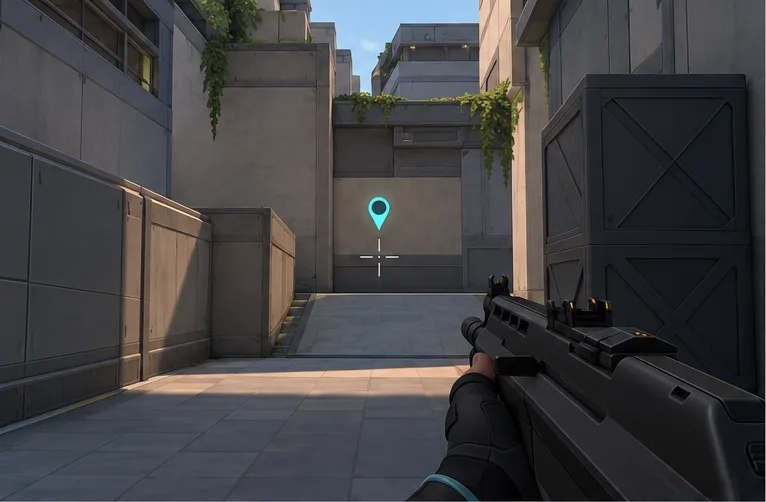 A first-person view with a cyan ping marker at the spot beneath the crosshair