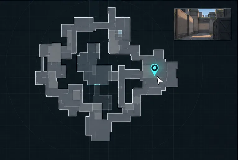 An expanded tactical map with a cursor beside a cyan marker on a distant corridor