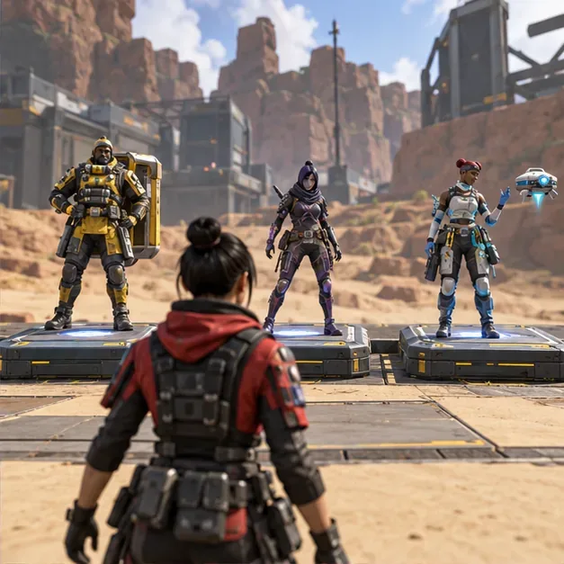 Três membros do esquadrão descendo juntos em direção a uma arena futurista.