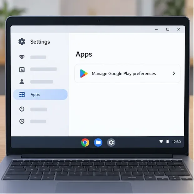 Illustrative Chromebook Settings screen with Apps selected and Manage Google Play preferences visible