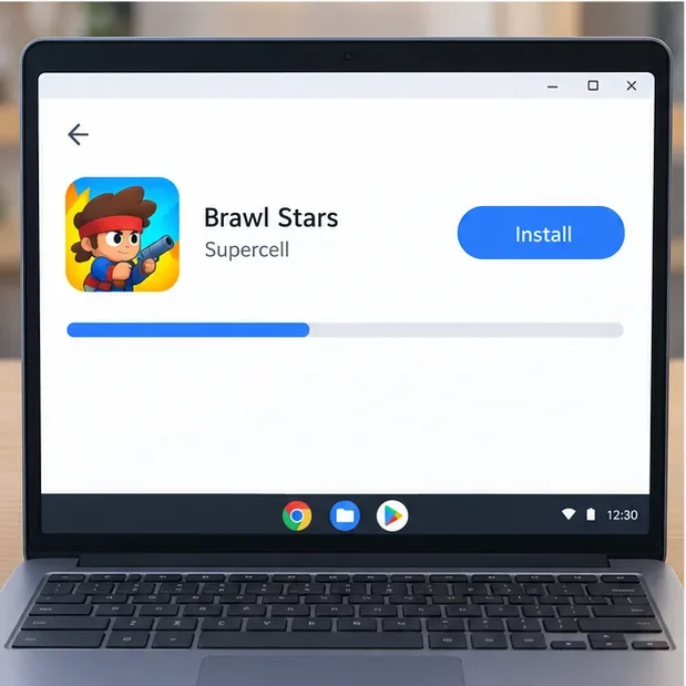 Illustrative Brawl Stars Play Store listing with an Install button and a download progress bar