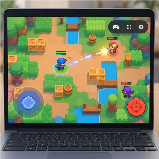 Illustrative top-down mobile arena game on a Chromebook with a virtual movement joystick and attack button