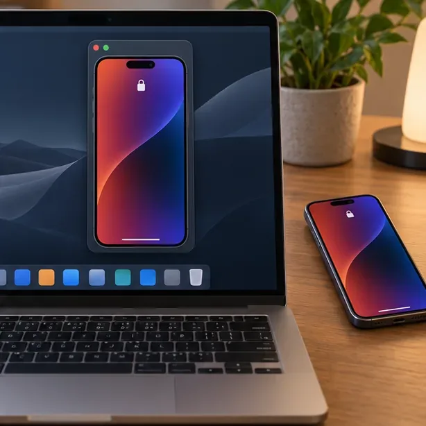 Окно, отображающее изображение в форме телефона, на компьютере Mac, при этом iPhone находится рядом.