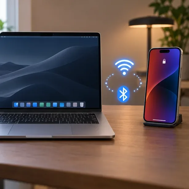 На фотографии — MacBook и стоящий рядом iPhone, между которыми расположены значки Wi-Fi и Bluetooth.