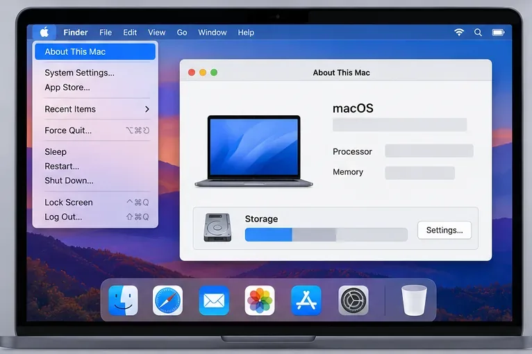 На рабочем столе Mac отображаются разделы «Об этом Mac» и «Область хранения», что позволяет проверить требования к Dota 2.