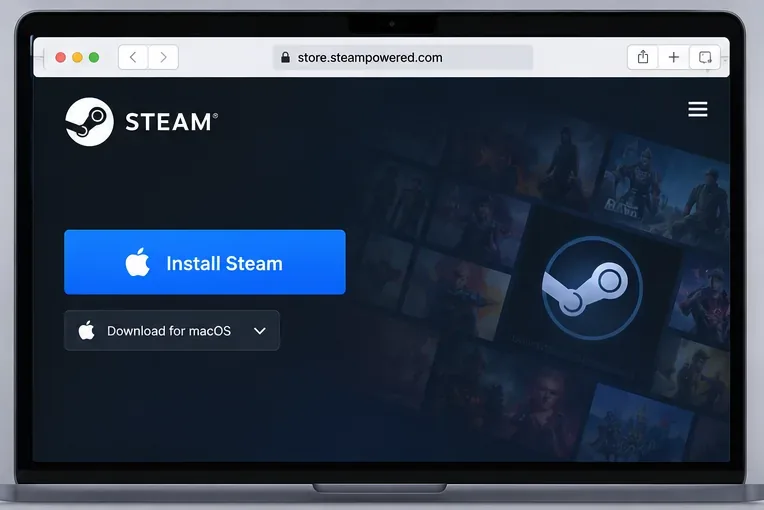 Официальная страница загрузки Steam для Mac, отображаемая в браузере с кнопкой «Установить Steam».