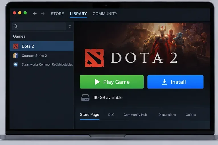 В библиотеке Steam выбрана Dota 2, и отображается кнопка «Установить».