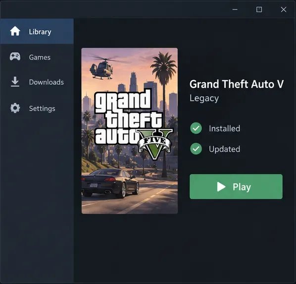 Библиотека игр для ПК, отображающая Grand Theft Auto V Legacy, отмечена как установленная и обновленная, с кнопкой «Играть».