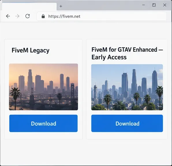 Макет браузера на fivem.net с отдельными карточками загрузки для FiveM Legacy и FiveM для GTAV Enhanced Early Access.