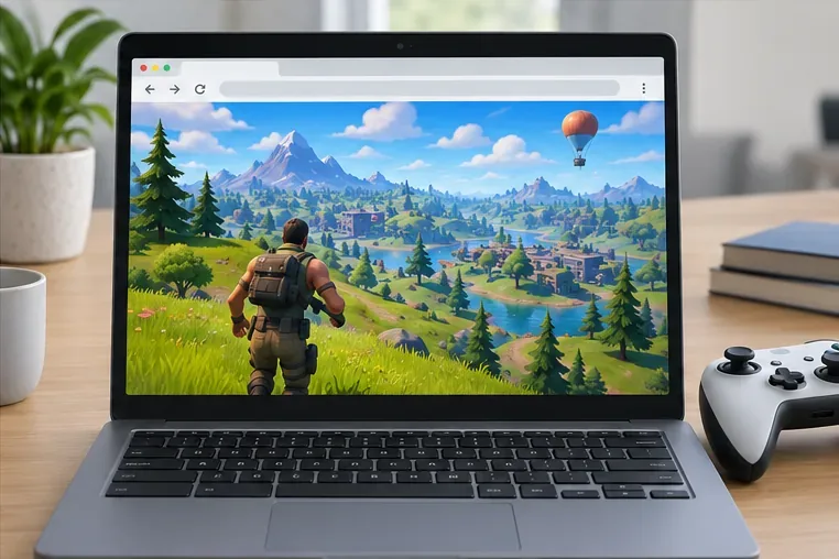 Chromebook транслирует красочную сцену из игры в жанре «королевская битва» в браузере, рядом с ноутбуком лежит контроллер.