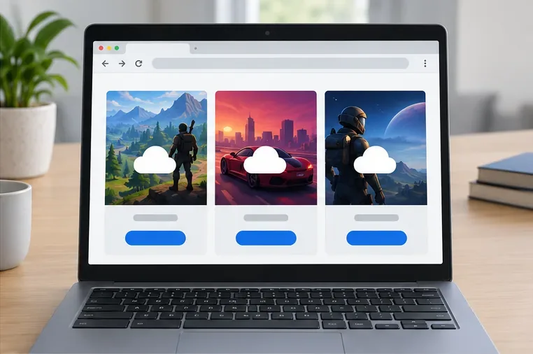 В браузере Chromebook отображаются три карточки каталога облачных игр в качестве примера выбора потокового сервиса.