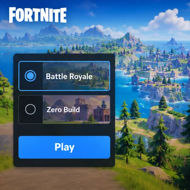 Иллюстрация лобби Fortnite, демонстрирующая режимы «Королевская битва», «Нулевая постройка» и «Играть».
