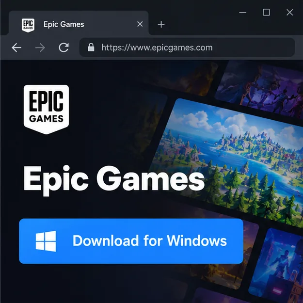 Иллюстрация страницы загрузки Epic Games с кнопкой «Загрузить для Windows».