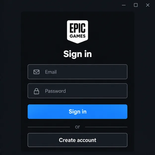 Иллюстрация входа в систему Epic Games с полями для ввода адреса электронной почты и пароля, а также опцией «Создать учетную запись».