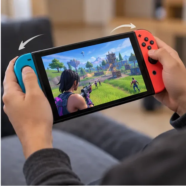 A player tilting a handheld Nintendo Switch slightly while aiming in a colorful battle-royale match