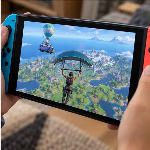 A Fortnite character gliding below the Battle Bus toward an island on a Nintendo Switch screen