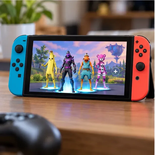 A Nintendo Switch showing four Fortnite-style characters standing together in a squad lobby