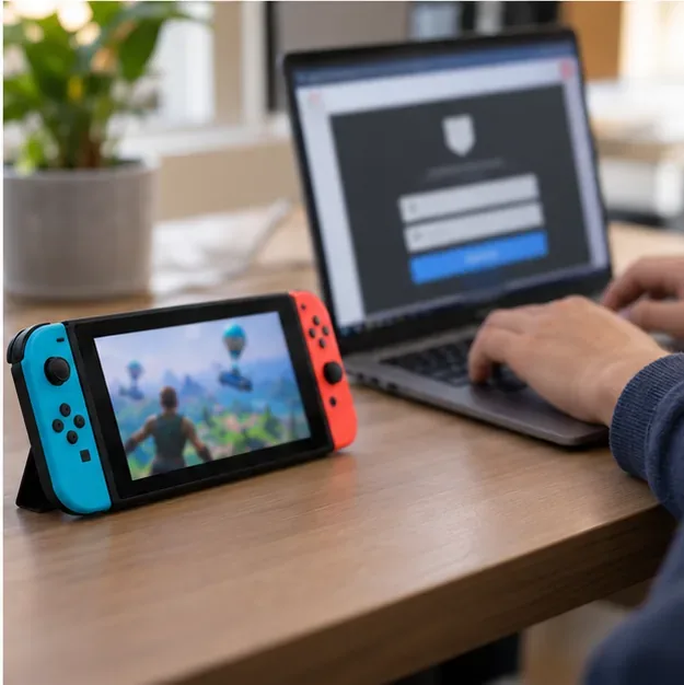 A Nintendo Switch displaying Fortnite beside a laptop used to access an Epic Games account