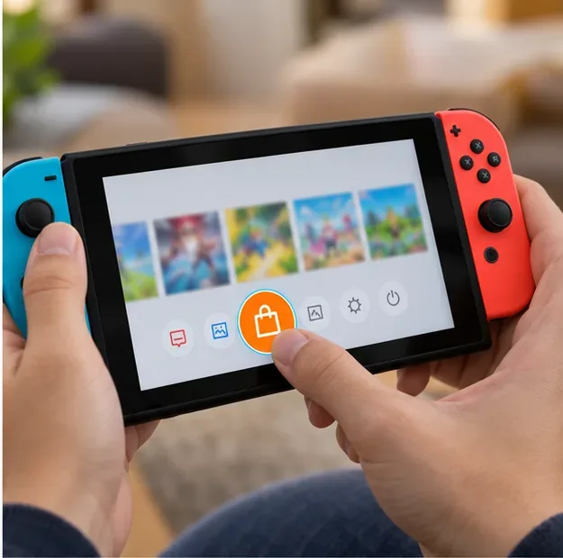 A player selecting the orange shopping-bag Nintendo eShop icon on a handheld Switch HOME Menu