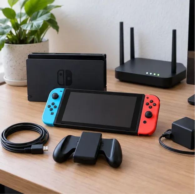 A Nintendo Switch with Joy-Con, dock, charger, and Wi-Fi router arranged on a desk