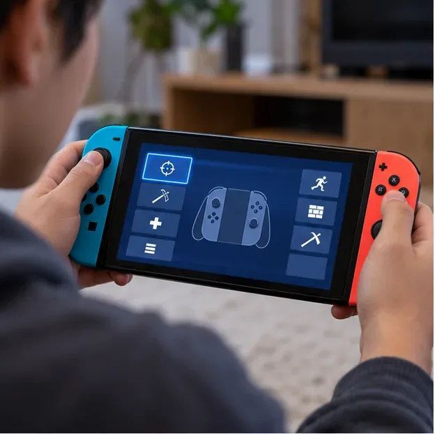 A player holding both Joy-Con while viewing a controller mapping screen on a Nintendo Switch