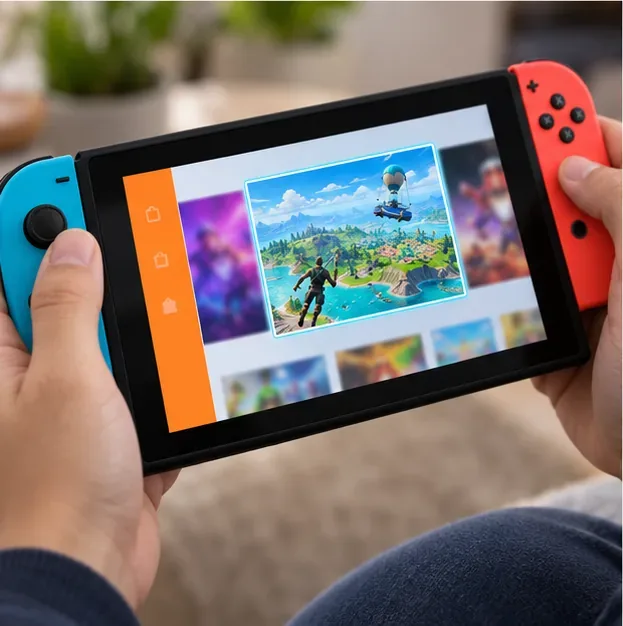 Hands holding a Switch with a highlighted battle-royale game tile in a digital storefront