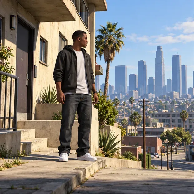 Um novo personagem de GTA Online está parado do lado de fora de um apartamento modesto, com o horizonte de Los Santos ao fundo.