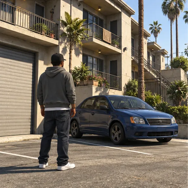 Um carro sedan básico está estacionado em frente a um prédio de apartamentos modesto com garagem.