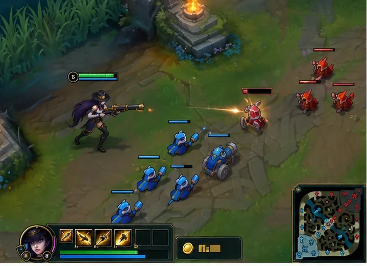 Um campeão de ataque à distância ataca um minion inimigo com pouca vida enquanto minions aliados e inimigos lutam na rota.