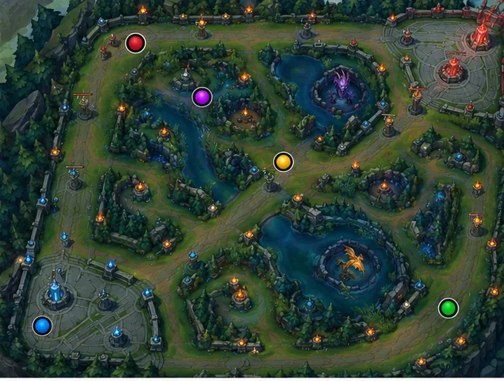 Um mapa MOBA simplificado com visão de cima para baixo mostra três rotas, corredores na selva e cinco marcadores de função coloridos.