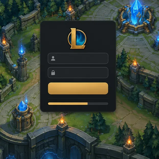 Painel de login do cliente de jogo e barra de progresso de atualização sobre um mapa de prática de fantasia com visão de cima para baixo.