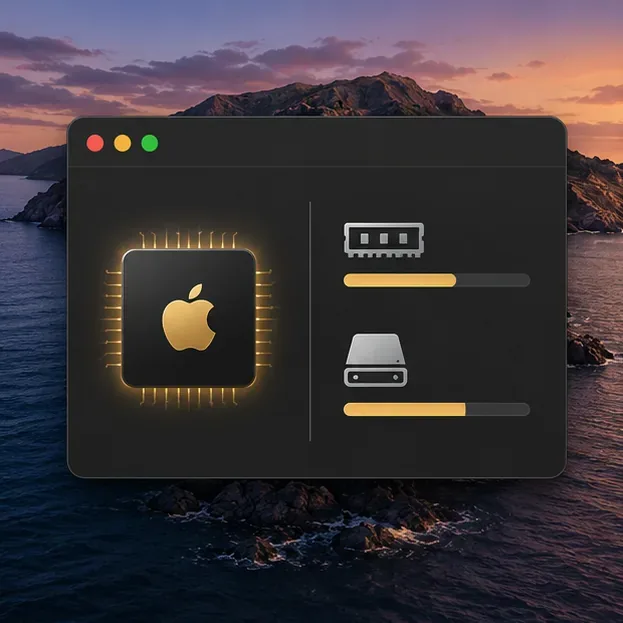 Uma janela de informações do sistema Mac com indicadores de processador, memória e armazenamento para verificar a compatibilidade com jogos.