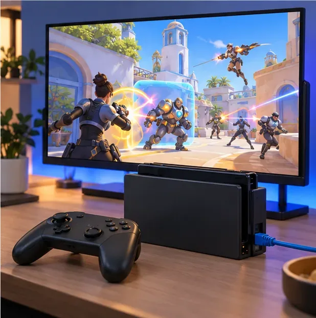 Um Nintendo Switch conectado à TV através de uma base, com um controle e um cabo de rede.