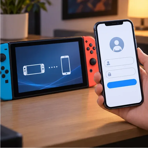 Um Switch ao lado de um telefone mostrando um fluxo genérico de login de conta e vinculação de dispositivos.