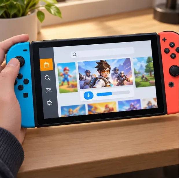 Um console portátil Nintendo Switch exibindo uma loja de jogos e um controle de download.