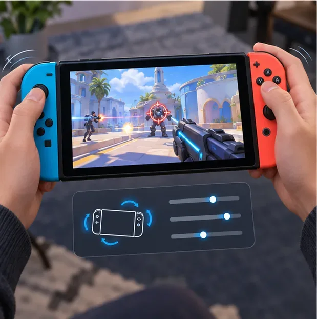 Mãos usando os controles de movimento do Joy-Con enquanto praticam a mira na tela do Switch.