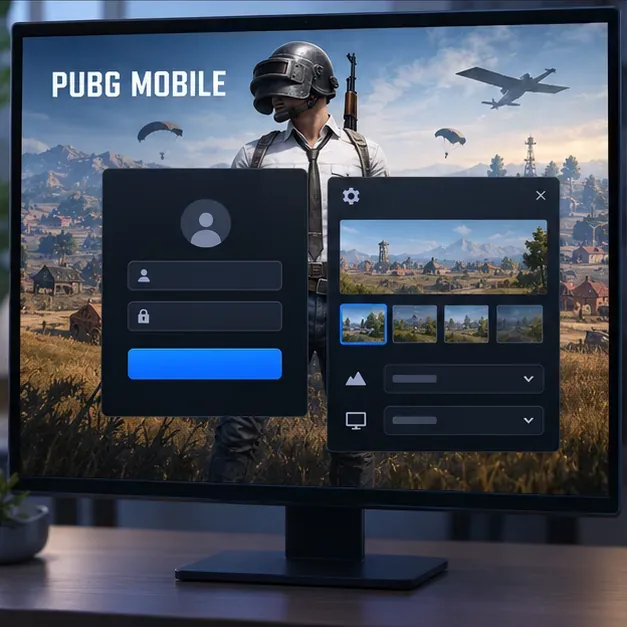 Uma interface conceitual do PUBG MOBILE para PC com um painel de login genérico e controles de configurações gráficas, ilustrando o login da conta e as configurações iniciais.