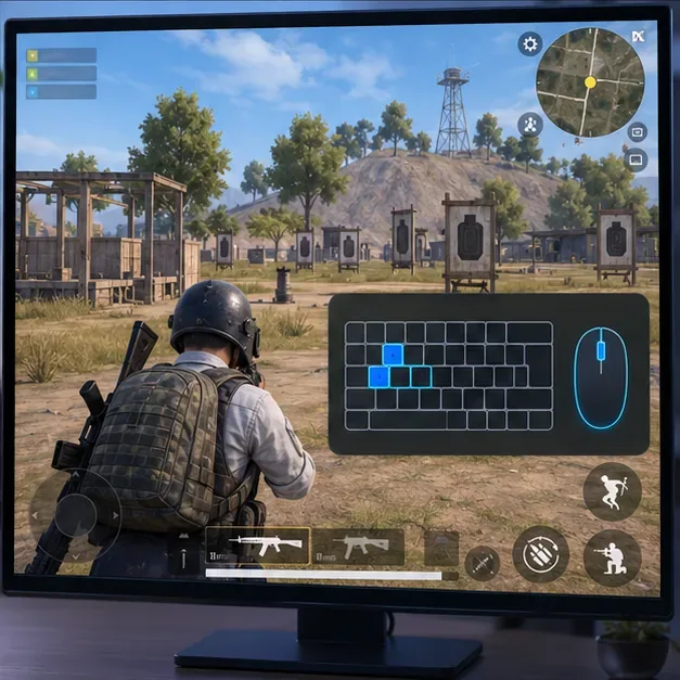 Uma cena de treinamento do PUBG MOBILE em um monitor de computador com uma sobreposição compacta de teclado e mouse, ilustrando a prática de controles antes de uma partida.
