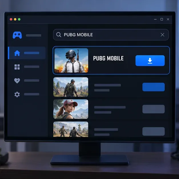 Uma tela do Game Center do emulador mostrando PUBG MOBILE em um resultado de busca com um botão de instalação, ilustrando como escolher o jogo dentro do GameLoop.