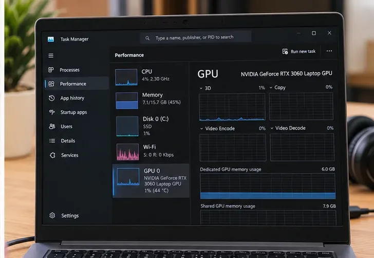 A guia Desempenho do Gerenciador de Tarefas do Windows mostra o nome e o uso de um processador gráfico NVIDIA para laptop.