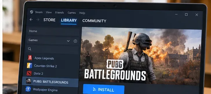 Biblioteca Steam em um laptop mostrando PUBG BATTLEGROUNDS selecionado com um botão azul "Instalar"