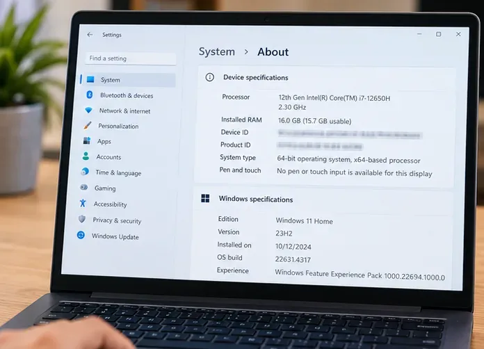 Página "Sobre" das configurações do Windows em um laptop, mostrando o processador, a memória RAM instalada e detalhes do sistema de 64 bits.