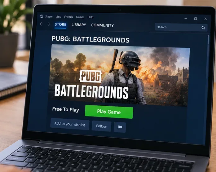 Laptop exibindo a página do PUBG BATTLEGROUNDS na loja Steam e um botão "Jogar" gratuito.