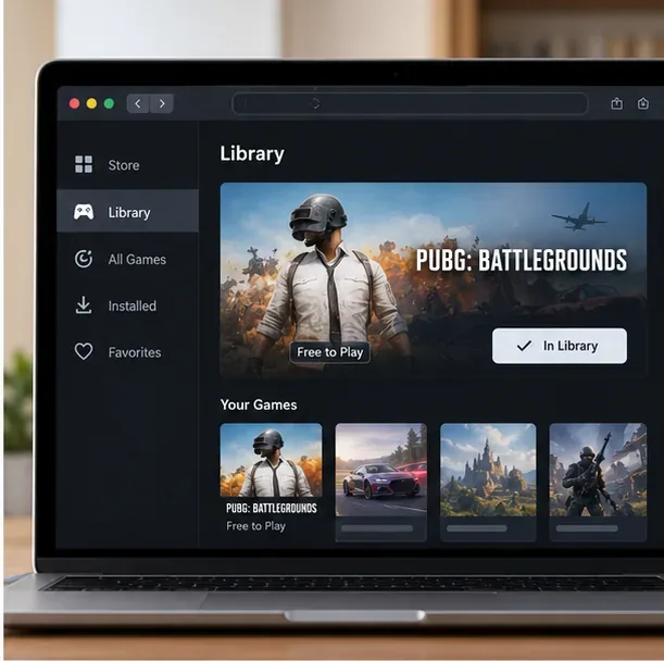 Ilustração da janela da biblioteca de jogos em um Mac mostrando PUBG: BATTLEGROUNDS marcado como Gratuito para Jogar e Disponível na Biblioteca.