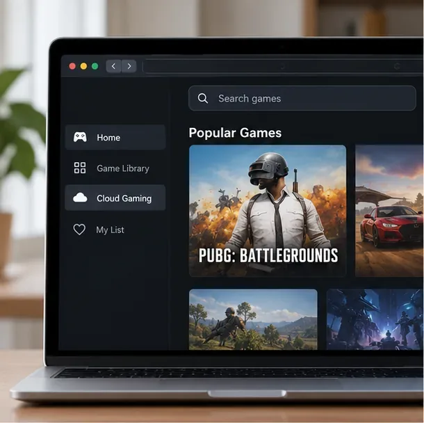 Laptop Mac com um catálogo ilustrativo de jogos na nuvem mostrando PUBG: BATTLEGROUNDS em um cartão de jogo pesquisável.