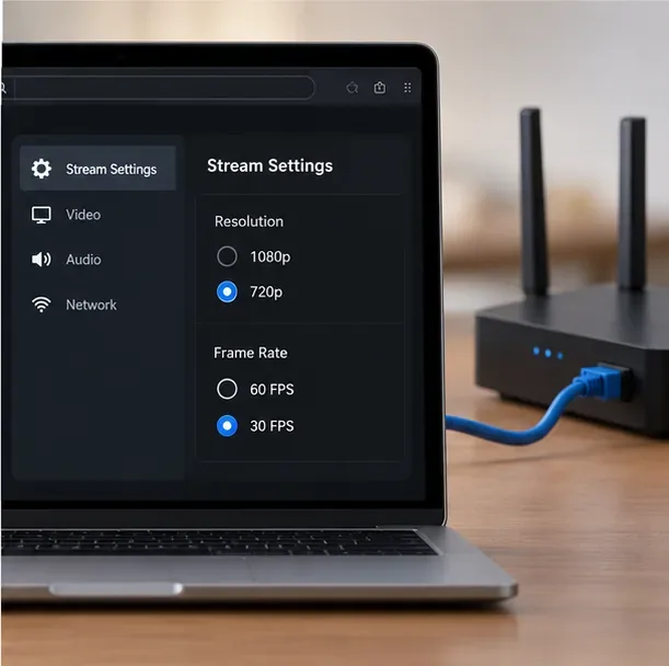 Configurações ilustrativas de transmissão na nuvem em um Mac com opções de resolução e taxa de quadros mais baixas, ao lado de um roteador conectado por Ethernet.